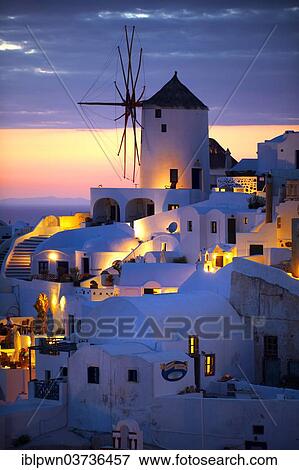 Stock Photo - "Windmill at sunset, Oia, Santorini, Cyclades, Greece, Europe". Fotosearch