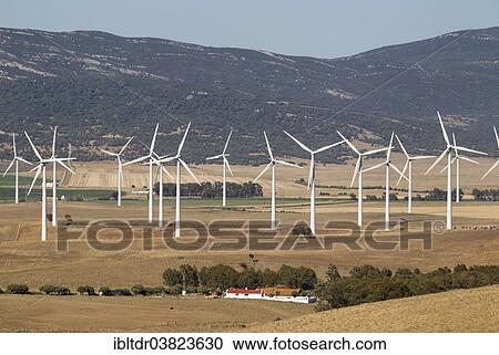Stock Image - "Windmills on a wind farm near Tarifa, Cadiz province, Andalucia, Spain, Europe". Fotosearch