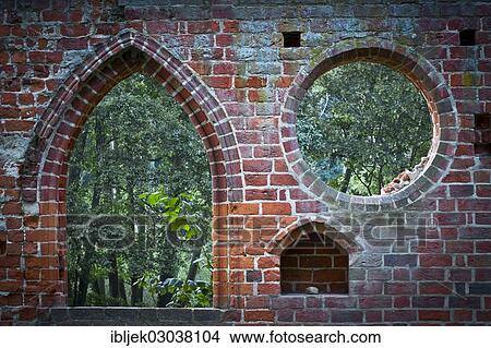Picture - "Window in a brick wall, ruins of Boitzenburg Abbey, Boitzenburg, Uckermark, Brandenburg, Germany, Europe". Fotosearch