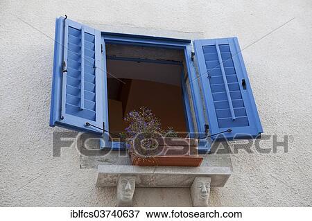 Stock Photo - "Window with blue shutters, Valun, Cres island, Primorje-Gorski Kotar County, Croatia, Europe". Fotosearch