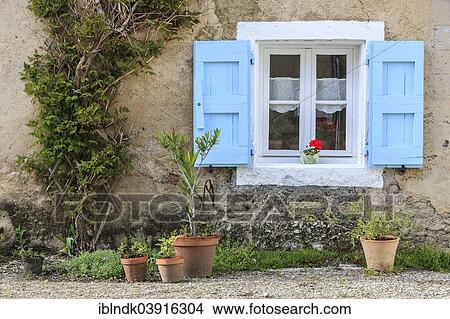 "Window with bright blue shutters and potted plants, Prebois, Isere, Rhone-Alpes, France, Europe" View Large Photo Image Picture - "Window with bright blue shutters and potted plants, Prebois, Isere, Rhone-Alpes, France, Europe". Fotosearch