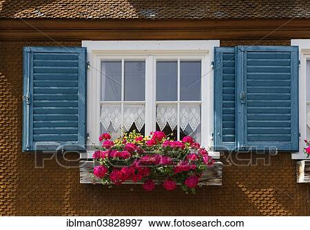 Stock Photo - "Window with geraniums on an old wooden house, Kehlegg near Dornbirn, Vorarlberg, Austria, Europe". Fotosearch