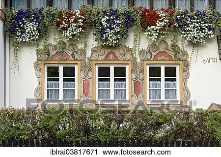 "Windows decorated with Luftlmalerei and geraniums, Oberammergau, Upper Bavaria, Bavaria, Germany, Europe" View Large Photo Image Stock Image - "Windows decorated with Luftlmalerei and geraniums, Oberammergau, Upper Bavaria, Bavaria, Germany, Europe". Fotosearch