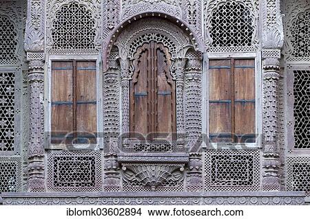 Picture - "Windows in an ornate sandstone facade, Mehrangarh Fort, Jodhpur, Rajasthan, India, Asia". Fotosearch