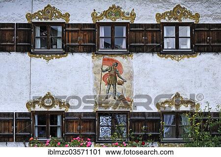 "Windows with shutters, Lueftlmalerei mural of St. Florian from 1936 on the facade of a farmhouse, Durnbach, Upper Bavaria, Bavaria, Germany, Europe" View Large Photo Image Stock Image - "Windows with shutters, Lueftlmalerei mural of St. Florian from 1936 on the facade of a farmhouse, Durnbach, Upper Bavaria, Bavaria, Germany, Europe". Fotosearch