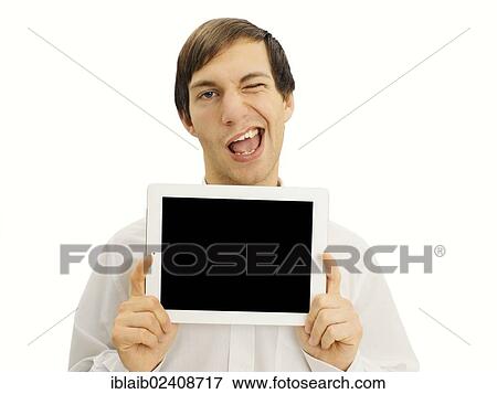 Stock Photo - Winking man holding an iPad. Fotosearch
