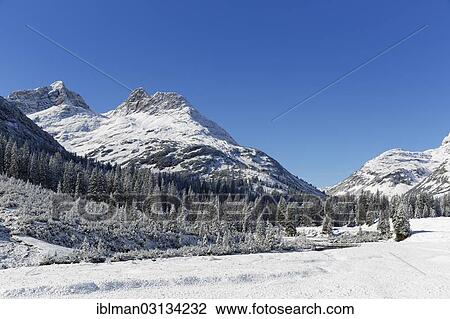 Stock Image - "Winter landscape with Pfaffeneck Mountain, Zugertal, Pfaffeneck, Pongertlekopf, Lech, Lechquellengebirge, Vorarlberg, Austria, Europe". Fotosearch