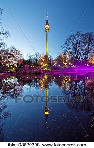 "Winter lights in Westphalia Park with the television tower Florian at dusk, Dortmund, North Rhine-Westphalia, Germany, Europe" View Large Photo Image Stock Photo - "Winter lights in Westphalia Park with the television tower Florian at dusk, Dortmund, North Rhine-Westphalia, Germany, Europe". Fotosearch