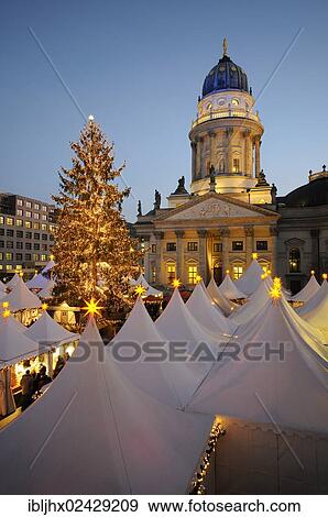 Stock Photo - "Winter Magic at the Gendarmenmarkt"""", Christmas market at Gendarmenmarkt square, German Cathedral, dusk, Berlin Mitte, Germany, Europe". Fotosearch