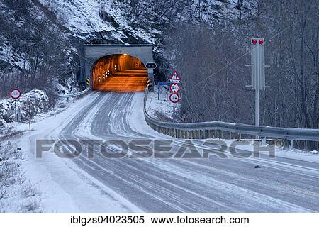 "Wintry road and lit tunnel, Norway, Europe" View Large Photo Image Stock Photography - "Wintry road and lit tunnel, Norway, Europe". Fotosearch