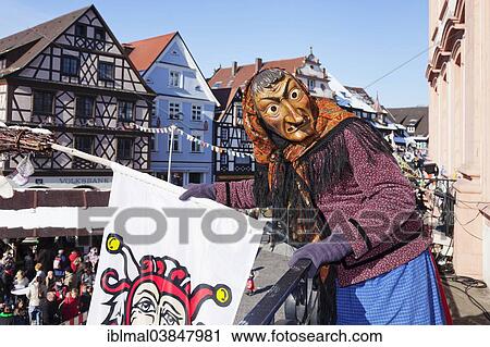 Stock Image - "Witch on the balcony of Gengenbach Town Hall, Swabian-Alemannic Fastnacht festival, Gengenbach, Black Forest, Baden-Wurttemberg, Germany, Europe". Fotosearch