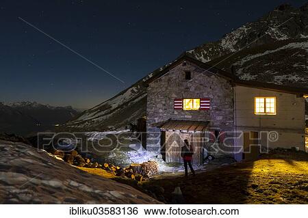 Stock Photograph - "Wiwannihut refuge at night, above Ausserberg, Canton of Valais, Switzerland, Europe". Fotosearch