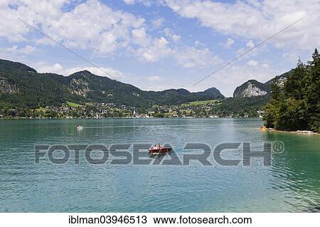 Stock Image - "Wolfgangsee lake and Sankt Gilgen, view from the Hochzeitskreuz, Salzkammergut, Salzburg State, Austria, Europe". Fotosearch