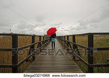 Stock Photograph - "Woman holding a red umbrella while standing on a wooden pier, Federsee lake, Upper Swabia, Baden-Wurttemberg, Germany, Europe". Fotosearch