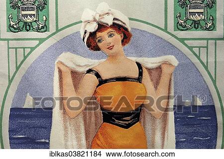 "Woman in a bathing suit, vintage advertising poster, circa 1900, Blankenberge, West Flanders, Belgium, Europe" View Large Photo Image Picture - "Woman in a bathing suit, vintage advertising poster, circa 1900, Blankenberge, West Flanders, Belgium, Europe". Fotosearch