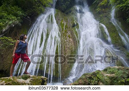 Stock Photo - "Woman looking at the Mele-Maat Cascades, Mele Maat, Efate Island, Shefa Province, Vanuatu, Oceania". Fotosearch