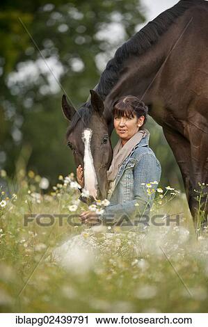 Woman standing beside a Hanoverian horse in a meadow View Large Photo Image Stock Image - Woman standing beside a Hanoverian horse in a meadow. Fotosearch