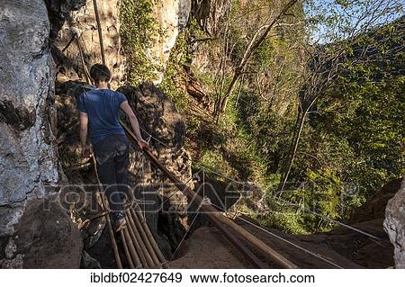 Stock Photo - "Woman walking on a bamboo bridge, hike through the jungle, Soppong or Pang Mapha area, Mae Hong Son province, Northern Thailand, Thailand, Asia". Fotosearch
