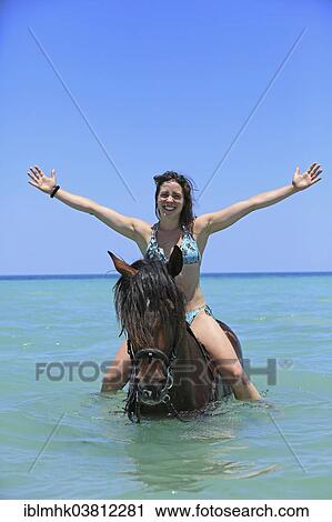"Woman wearing a bikini riding a Barb horse in the sea, riding vacation, Djerba, Tunisia, Africa" View Large Photo Image Stock Image - "Woman wearing a bikini riding a Barb horse in the sea, riding vacation, Djerba, Tunisia, Africa". Fotosearch