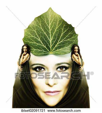 Stock Image - "Woman wearing a leaf, crown, portrait, composing". Fotosearch