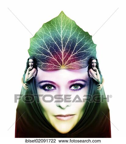 Stock Image - "Woman wearing a leaf, crown, portrait, composing". Fotosearch