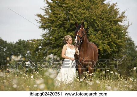 Woman Wearing A Wedding Dress With A Hanoverian Horse In A Meadow
