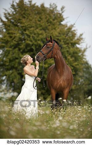 Woman Wearing A Wedding Dress With A Hanoverian Horse In A Meadow