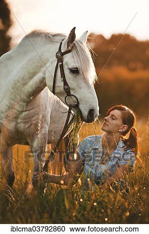 "Woman with Welsh Pony, white horse, gelding, on meadow in the evening light" View Large Photo Image Stock Image - "Woman with Welsh Pony, white horse, gelding, on meadow in the evening light". Fotosearch