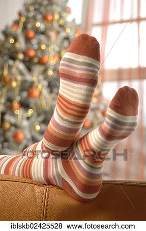 Woman's feet in stripy socks lying on a sofa at Christmas time View Large Photo Image Stock Photo - Woman's feet in stripy socks lying on a sofa at Christmas time. Fotosearch