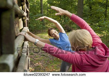 Women exercising on an outdoor fitness trail View Large Photo Image Stock Photo - Women exercising on an outdoor fitness trail. Fotosearch