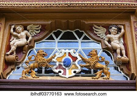 Stock Image - "Wood carvings, Alte Lateinschule Alfeld building, Alfeld, Lower Saxony, Germany, Europe". Fotosearch