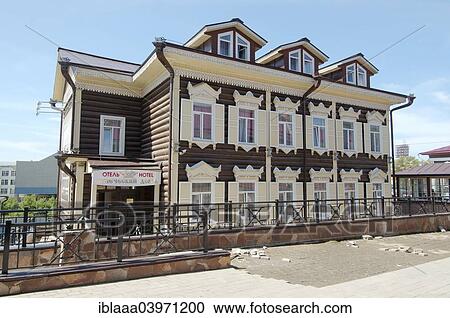 Stock Image - "Wooden log house, historic city center, Irkutsk, Siberia, Russia, Europe". Fotosearch