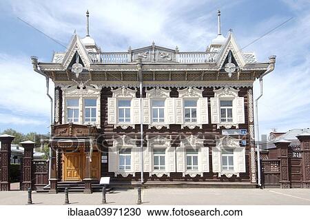 Stock Image - "Wooden log house, historic city center, Irkutsk, Siberia, Russia, Europe". Fotosearch