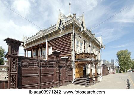 Stock Image - "Wooden log house, historic city center, Irkutsk, Siberia, Russia, Europe". Fotosearch
