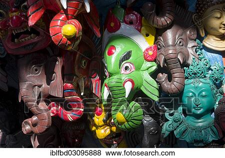 Stock Photo - "Wooden masks sold as souvenirs in Durbar Square, Kathmandu Valley, Kathmandu, Kathmandu District, Bagmati Zone, Nepal, Asia". Fotosearch