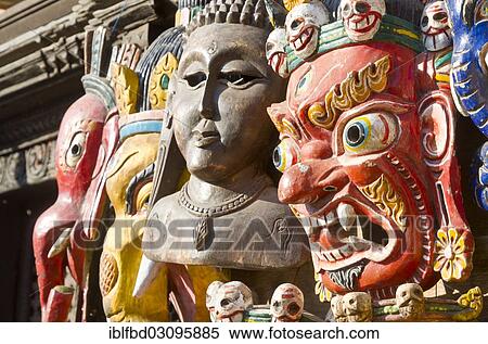 Stock Photography - "Wooden masks sold as souvenirs in Durbar Square, Kathmandu Valley, Kathmandu, Kathmandu District, Bagmati Zone, Nepal, Asia". Fotosearch