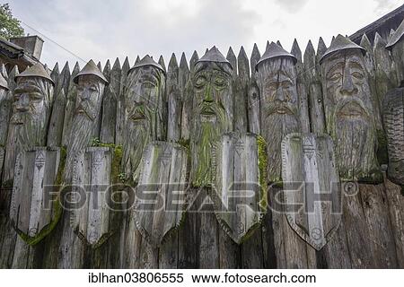 "Wooden warrior figures at the entrance, Mazurski Eden or Masurian Garden of Eden, reconstruction of Galindian culture, Gmina Ruciane-Nida, Warmian-Masurian Voivodeship, Poland, Europe" View Large Photo Image Stock Photography - "Wooden warrior figures at the entrance, Mazurski Eden or Masurian Garden of Eden, reconstruction of Galindian culture, Gmina Ruciane-Nida, Warmian-Masurian Voivodeship, Poland, Europe". Fotosearch