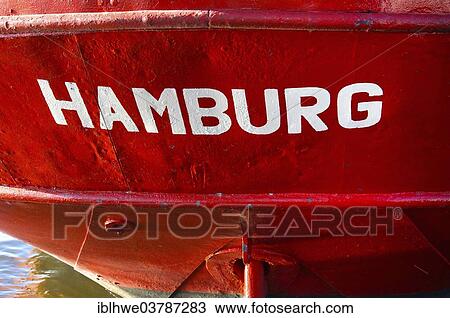Stock Image - "Word """"Hamburg"""" on a ship in the port, Hamburg, Germany, Europe". Fotosearch