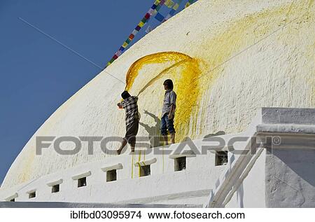 Picture - "Workers renewing the yellow paint of Boudnath Stupa, Kathmandu Valley, Kathmandu, Kathmandu District, Bagmati Zone, Nepal, Asia". Fotosearch