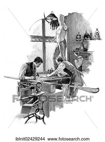 "Workshop of a costume maker or saddlery, Modern Art in Master Woodcuts, yearbook from 1900" View Large Photo Image Picture - "Workshop of a costume maker or saddlery, Modern Art in Master Woodcuts, yearbook from 1900". Fotosearch