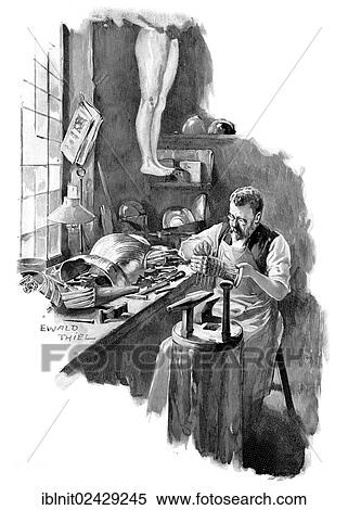 Stock Photography - "Workshop of a costume maker or bladesmith, Modern Art in Master Woodcuts, yearbook from 1900". Fotosearch