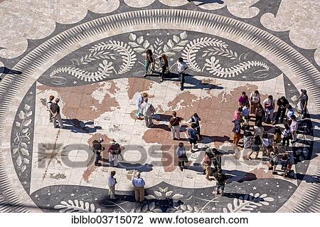 Stock Image - "World Map in the in the paving in front of the Monumento a Los Descubrimientos, Monument to the Discoveries, Belem, Lisbon, Lisbon District, Portugal, Europe". Fotosearch