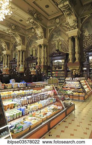 Stock Image - "Yeliseyev Grocery in the Art Nouveau style, former purveyor to the Tsars, Tverskaya Street or Gorky Street, Moskau, Moscow Oblast, Russia, Europe". Fotosearch