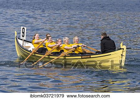 "Yellow rowing boat, manned by a women's team, Klaksvik, Borooy, Norooyar, Faroe Islands, Denmark, Europe" View Large Photo Image Stock Photo - "Yellow rowing boat, manned by a women's team, Klaksvik, Borooy, Norooyar, Faroe Islands, Denmark, Europe". Fotosearch