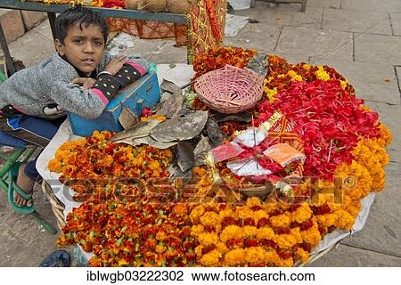 "Young boy sitting at a stand for flowers and ritual offerings, the sacrificial bowls are offered in honour of the Mother Goddess Ganga on the banks of the Ganges River, Varanasi, Uttar Pradesh, India, Asia" View Large Photo Image Stock Image - "Young boy sitting at a stand for flowers and ritual offerings, the sacrificial bowls are offered in honour of the Mother Goddess Ganga on the banks of the Ganges River, Varanasi, Uttar Pradesh, India, Asia". Fotosearch