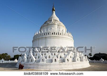 Stock Photo - "Young Buddhist monks or novices, Buddhist Hsinbyume Pagoda or Myatheindan Pagoda, Mingun, Sagaing Division, Myanmar, Asia". Fotosearch