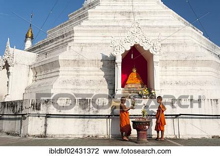 "Young Buddhist monks with offerings in front of a Pagoda or Chedi, Temple complex of Wat Phra That Doi Kong Mu, Mae Hong Son, Northern Thailand, Thailand, Asia" View Large Photo Image Stock Image - "Young Buddhist monks with offerings in front of a Pagoda or Chedi, Temple complex of Wat Phra That Doi Kong Mu, Mae Hong Son, Northern Thailand, Thailand, Asia". Fotosearch