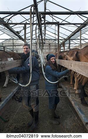 Stock Photo - "Young farmer and his daughter milking goats, Othenstorf, Mecklenburg-Western Pomerania, Germany, Europe". Fotosearch