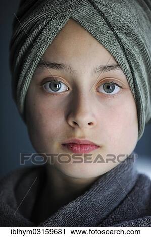 "Young girl, 10, after a bath wearing a towel turban" View Large Photo Image Stock Image - "Young girl, 10, after a bath wearing a towel turban". Fotosearch