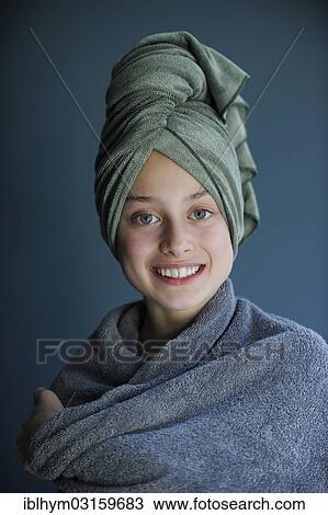 "Young girl, 10, after a bath wearing a towel turban" View Large Photo Image Stock Image - "Young girl, 10, after a bath wearing a towel turban". Fotosearch